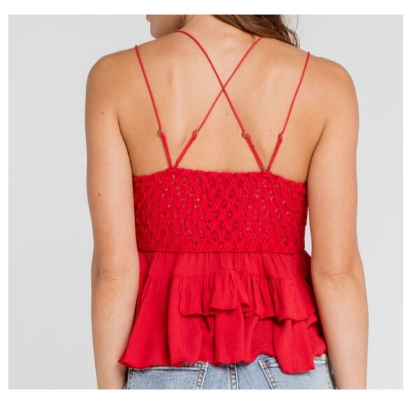 Free People Adella Cami Cherry Red Lace Ruffled Tank Top Size Small NWT - Picture 3 of 6